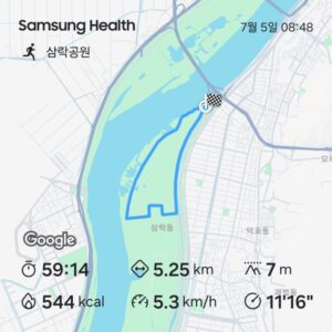 마운자로 17일차 아침 걷기 기록 59분 5.25km 544kcal 썸네일