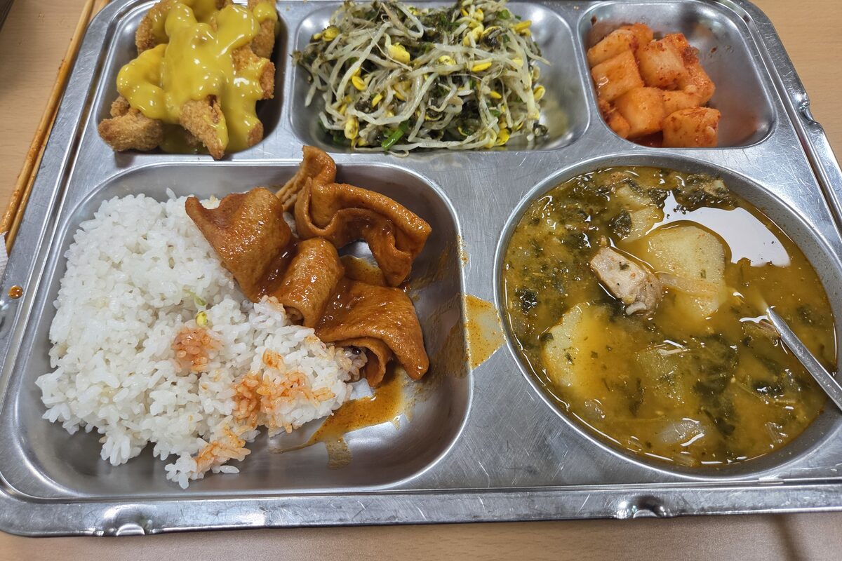 마운자로 19일차 점심 식단 혼합잡곡밥과 등뼈감자탕, 매운꼬치어묵, 치킨너겟 식판