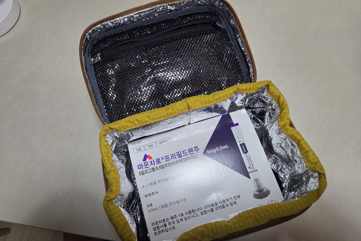 마운자로 비행기 반입용 보냉백 패킹 — 아이스팩 위에 종이박스째