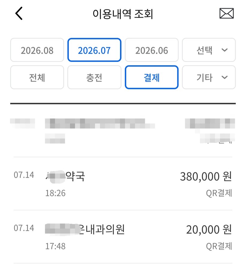 마운자로 동백전 QR결제 내역 — 부산 내과의원 2만원과 약국 38만원
